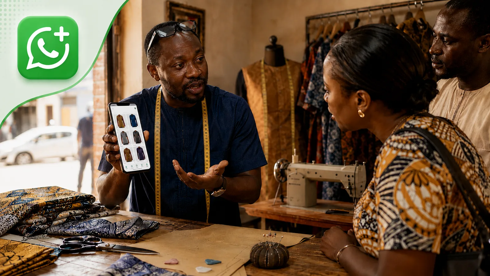Couturier dans son atelier &agrave; Dakar montrant son catalogue WhatsApp Business &agrave; deux clients pendant qu&rsquo;il leur parle