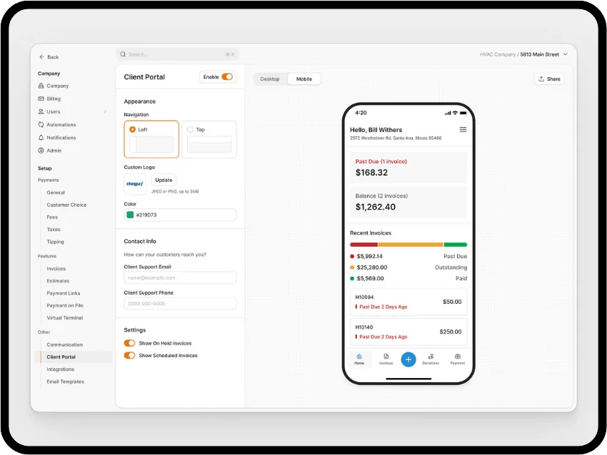 Espace client prive : ecran de configuration du portail et apercu de ce que le client voit depuis son telephone.